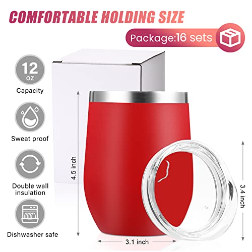 16 Pack Red Stainless Steel Wine Tumblers - 12 oz for Wine, Coffee & Cocktails