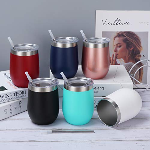 Multicolor Insulated Stainless Steel Wine Tumblers, 6-Pack, 12 Oz Straws Included