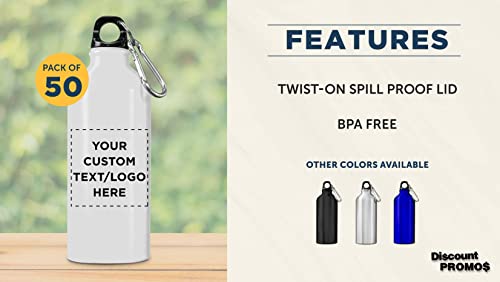 Discounted Bulk Pack of 50 Custom 20 oz Aluminum Water Bottles - White - Gym, Hiking, Outdoor